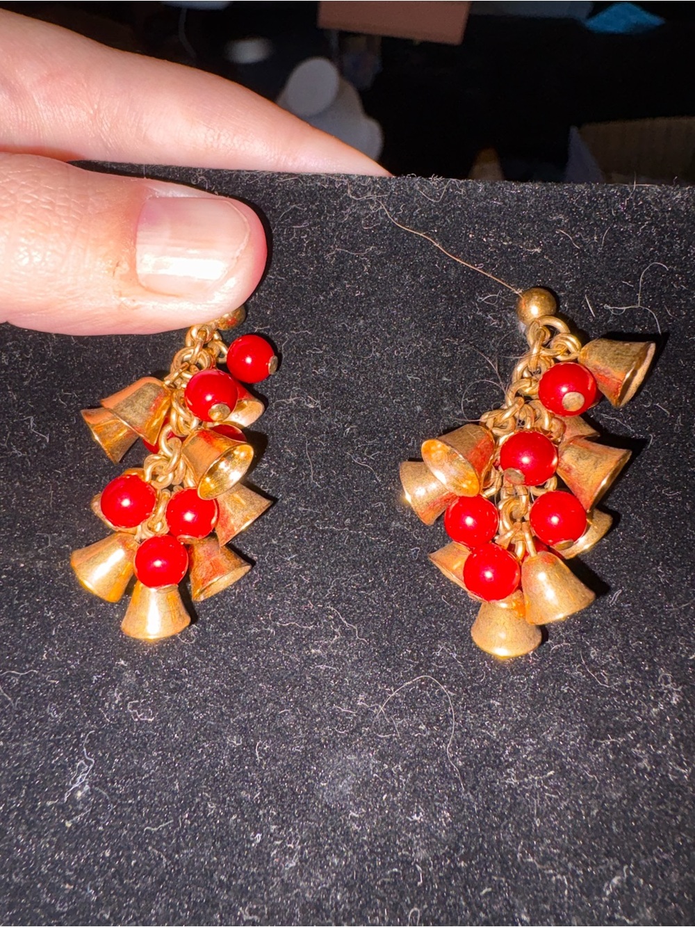 Vintage Gold-Tone Bell Cluster Earrings with Red Beads